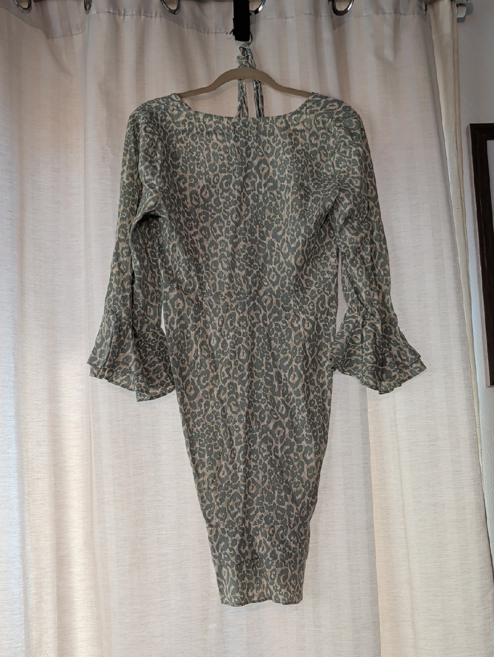 Olive Green Leopard-Print Long Sleeve Ruffle Cuff Sheath Dress